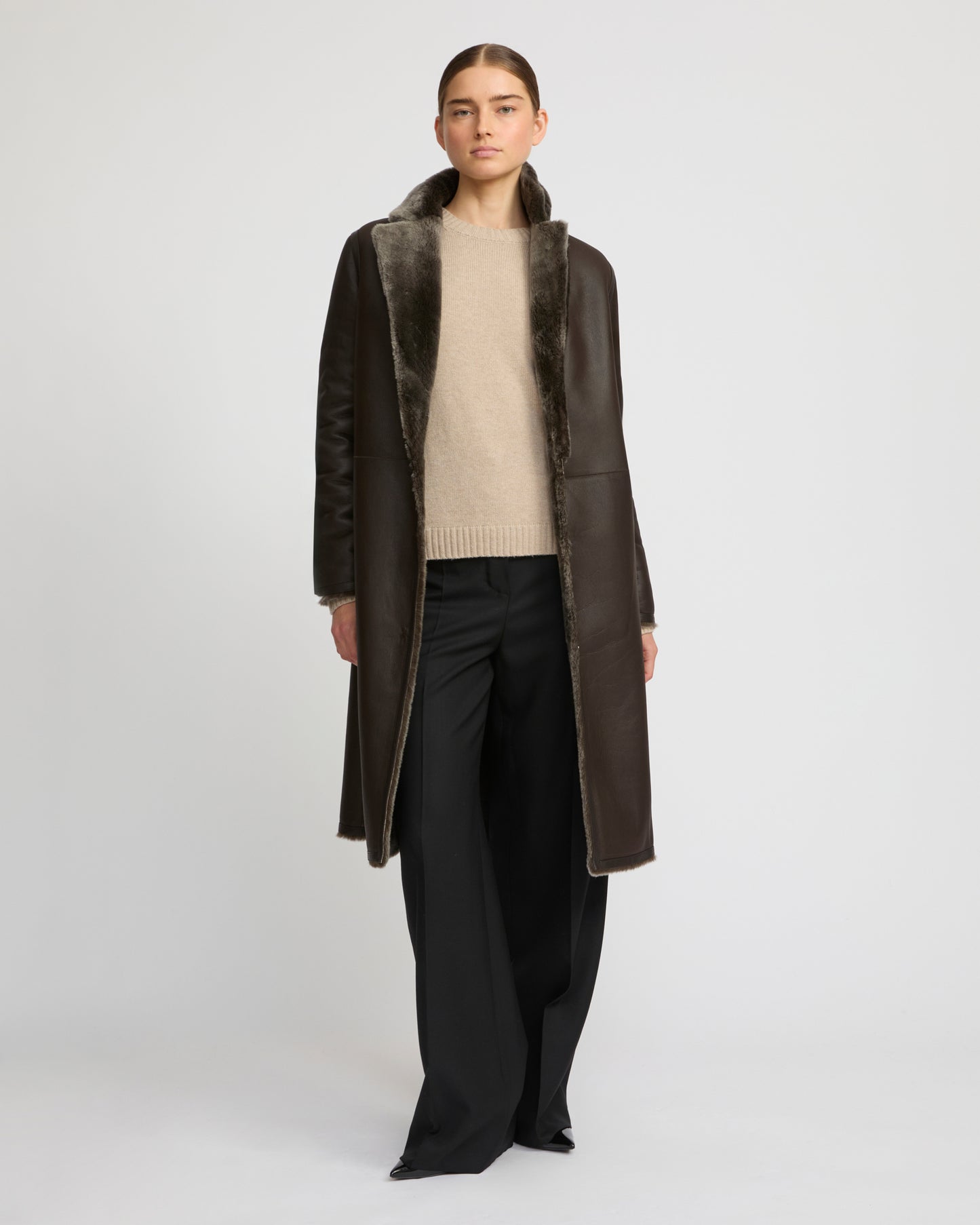 Reversible merino shearling coat