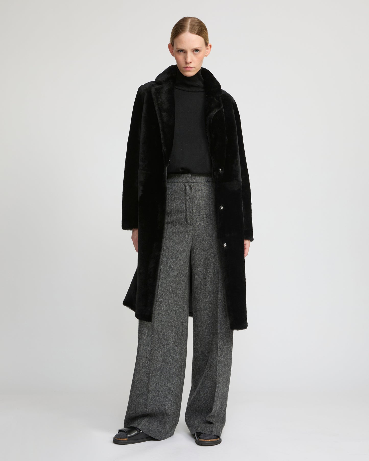 Reversible merino shearling coat