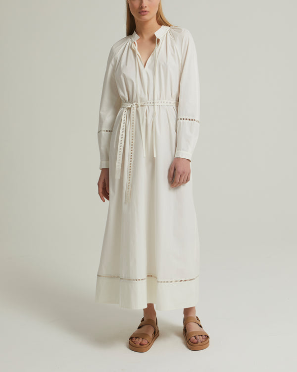 Fluid belted cotton dress with leather embroidery - white