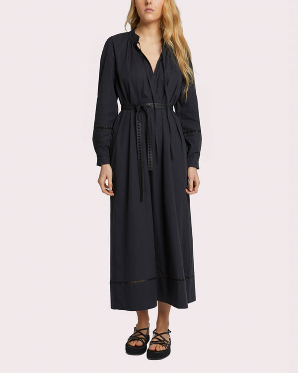 flowing belted cotton dress with leather embroidery - black
