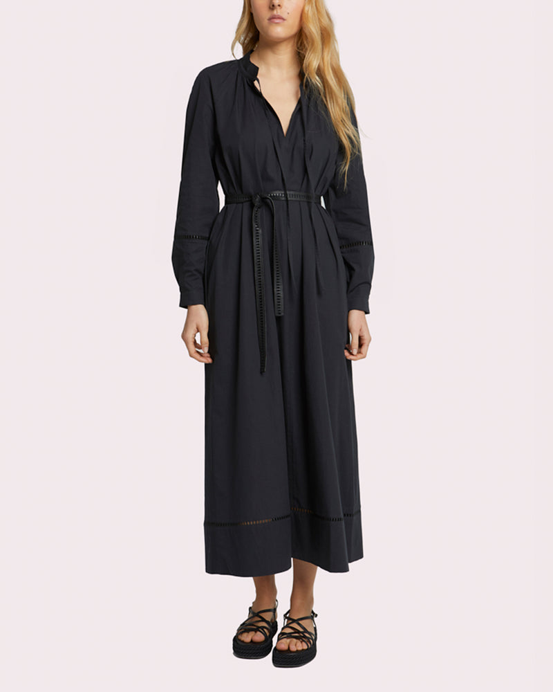 flowing belted cotton dress with leather embroidery - black