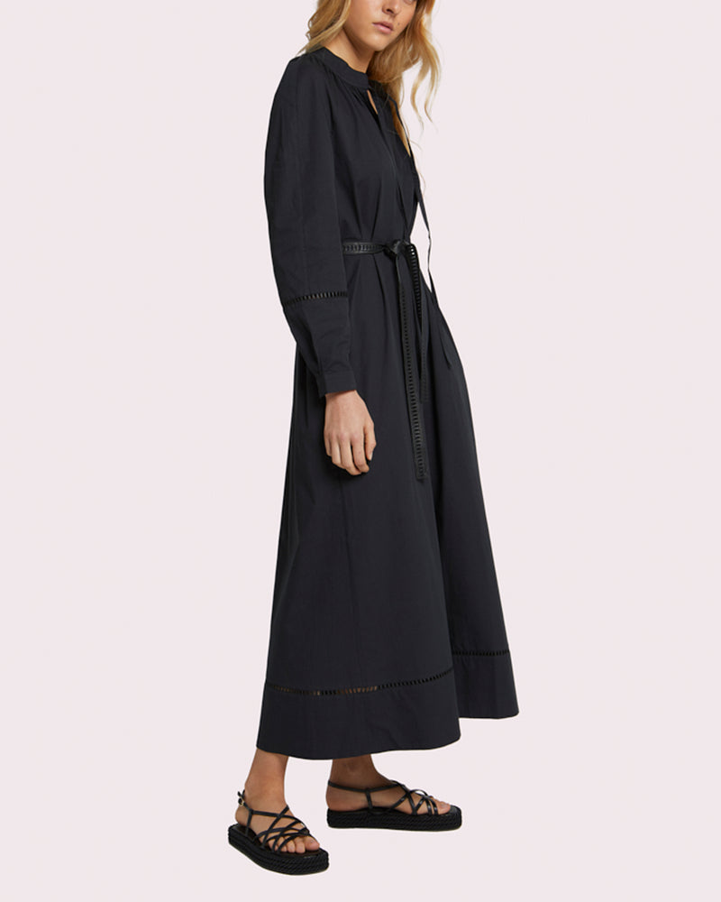 flowing belted cotton dress with leather embroidery - black