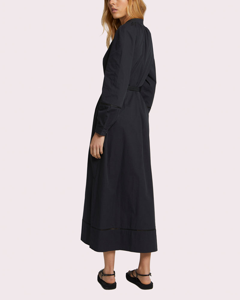 flowing belted cotton dress with leather embroidery - black