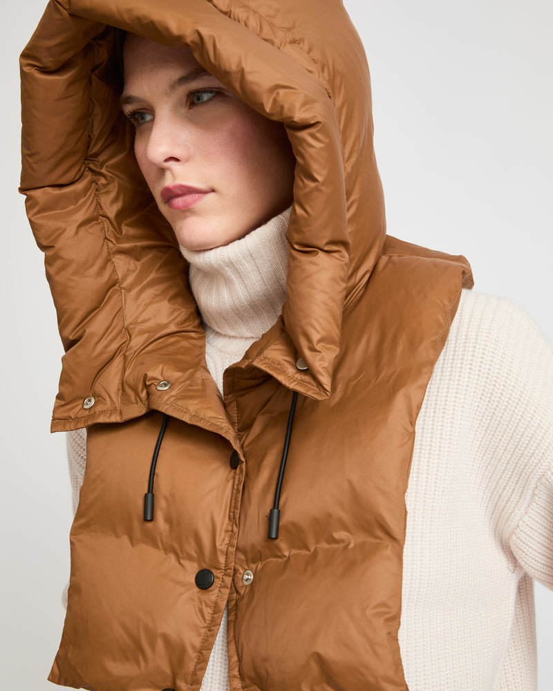 Padded hood bib in water-repellent technical fabric - brown - Yves Salomon