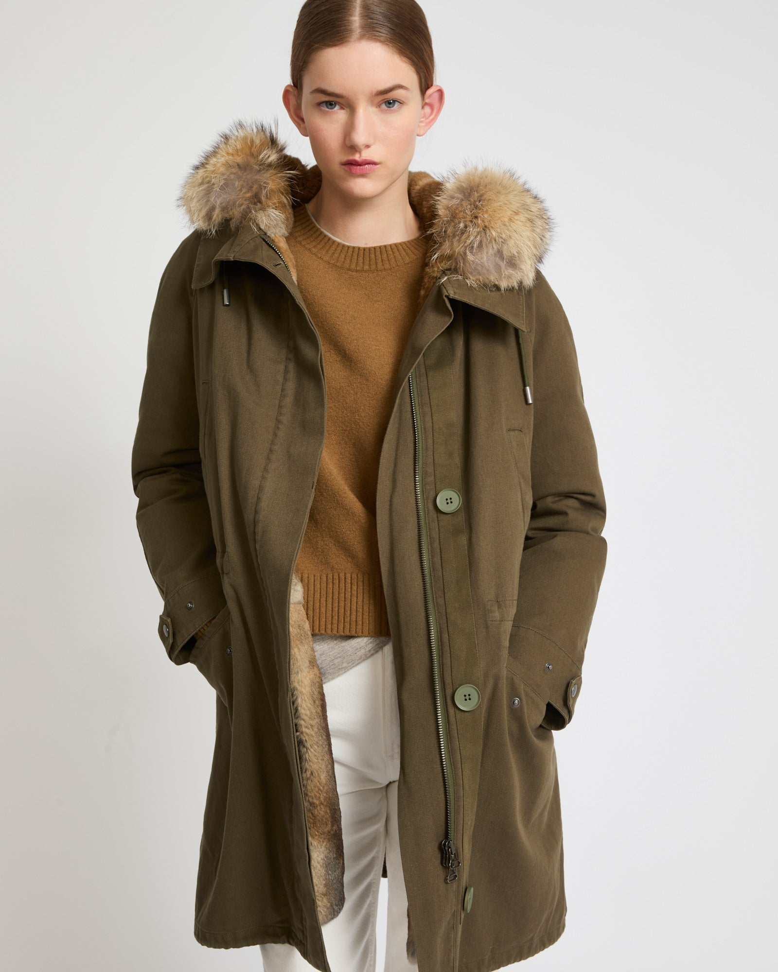 Long cotton gabardine parka with coyote and rabbit fur