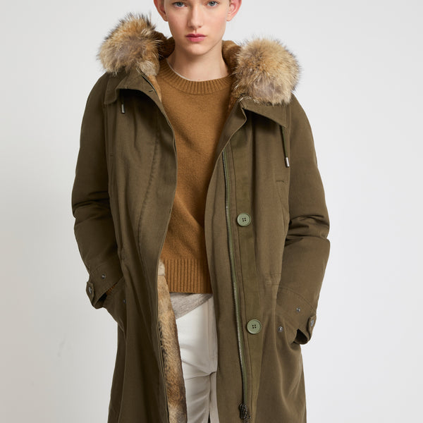 Long cotton gabardine parka with coyote and rabbit fur - khaki - Yves  Salomon – Yves Salomon US