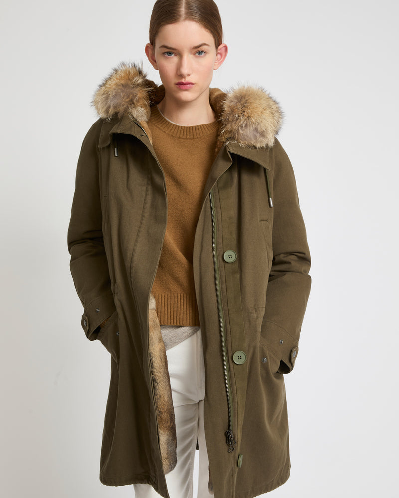 Long cotton gabardine parka with coyote and rabbit fur - khaki