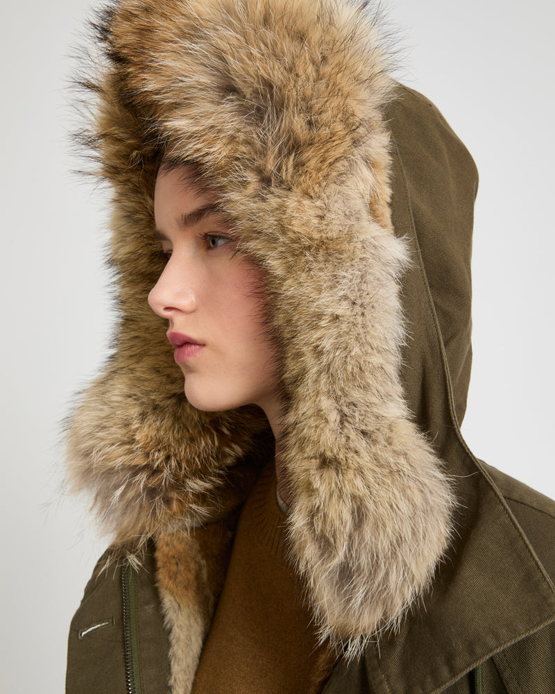 Long cotton gabardine parka with coyote and rabbit fur - khaki