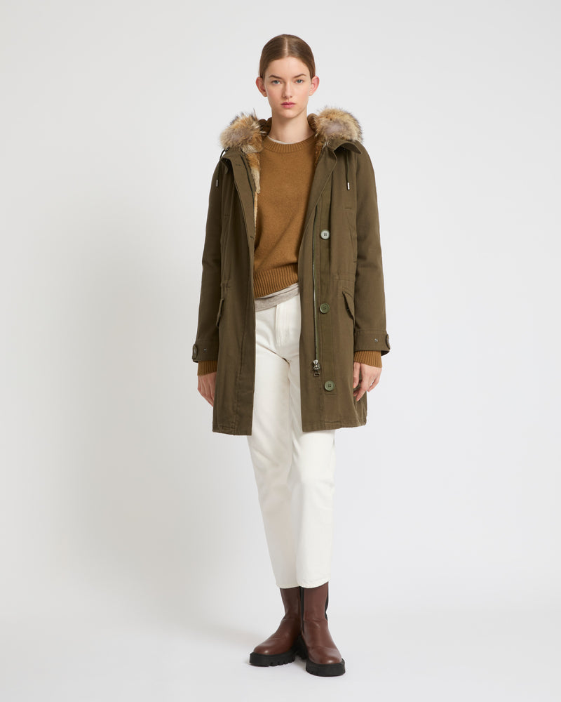 Long cotton gabardine parka with coyote and rabbit fur - khaki