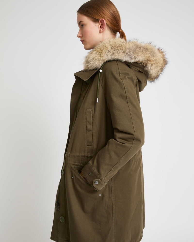 Long cotton gabardine parka with coyote and rabbit fur - khaki