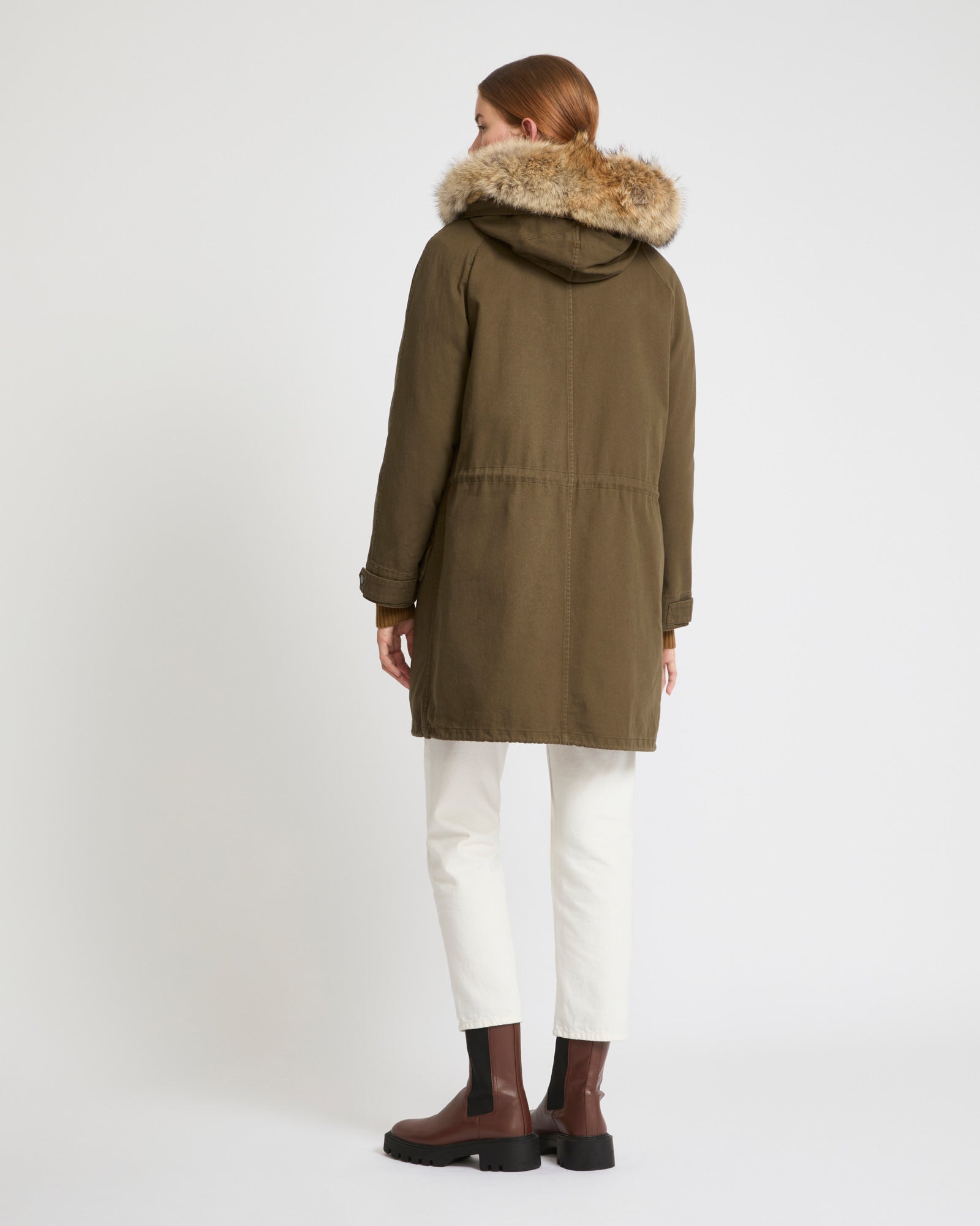 Long cotton gabardine parka with coyote and rabbit fur