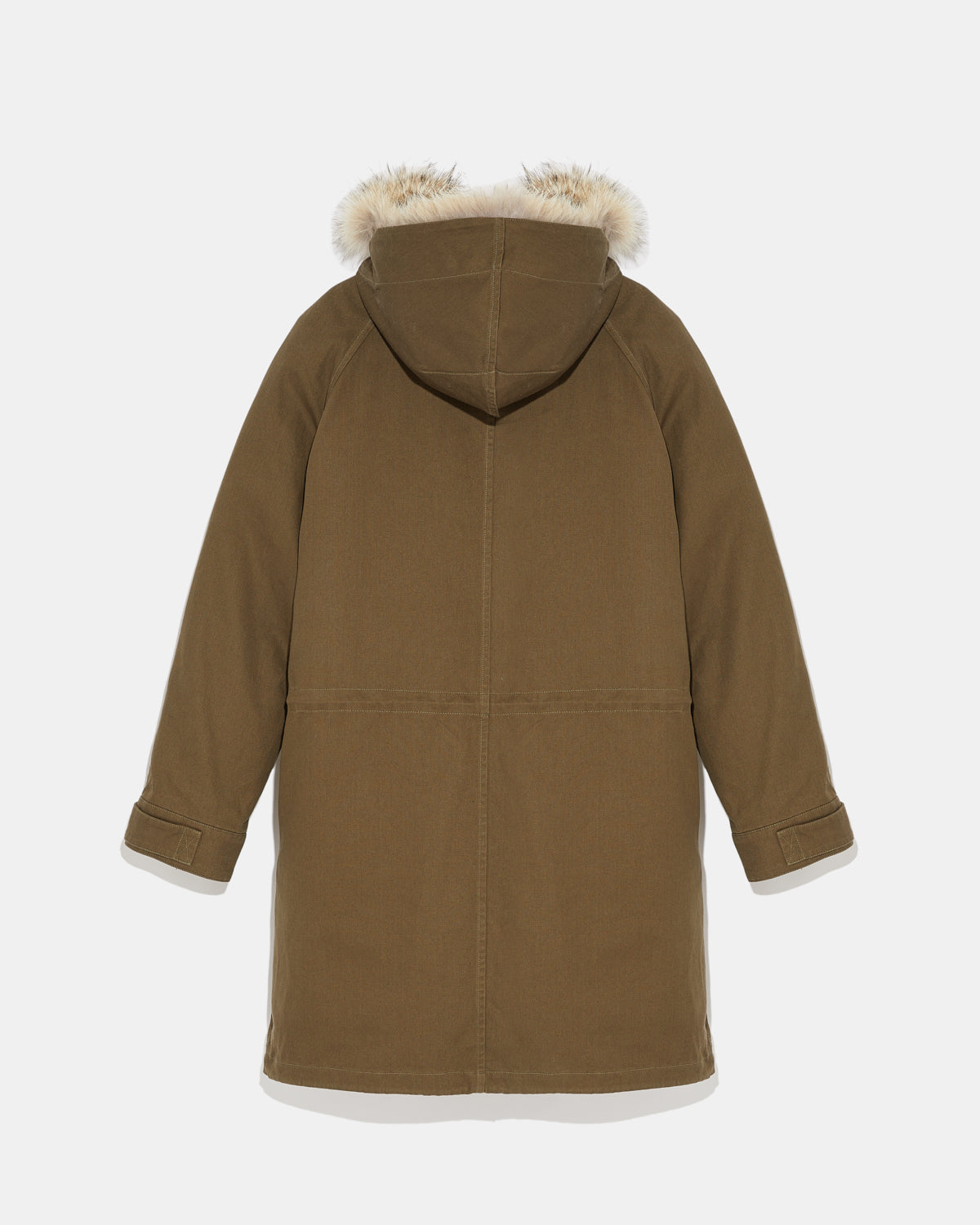 Long cotton gabardine parka with coyote and rabbit fur