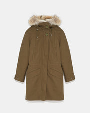 Long cotton gabardine parka with coyote and rabbit fur