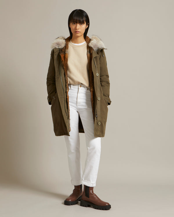 Long cotton gabardine parka with coyote and rabbit fur