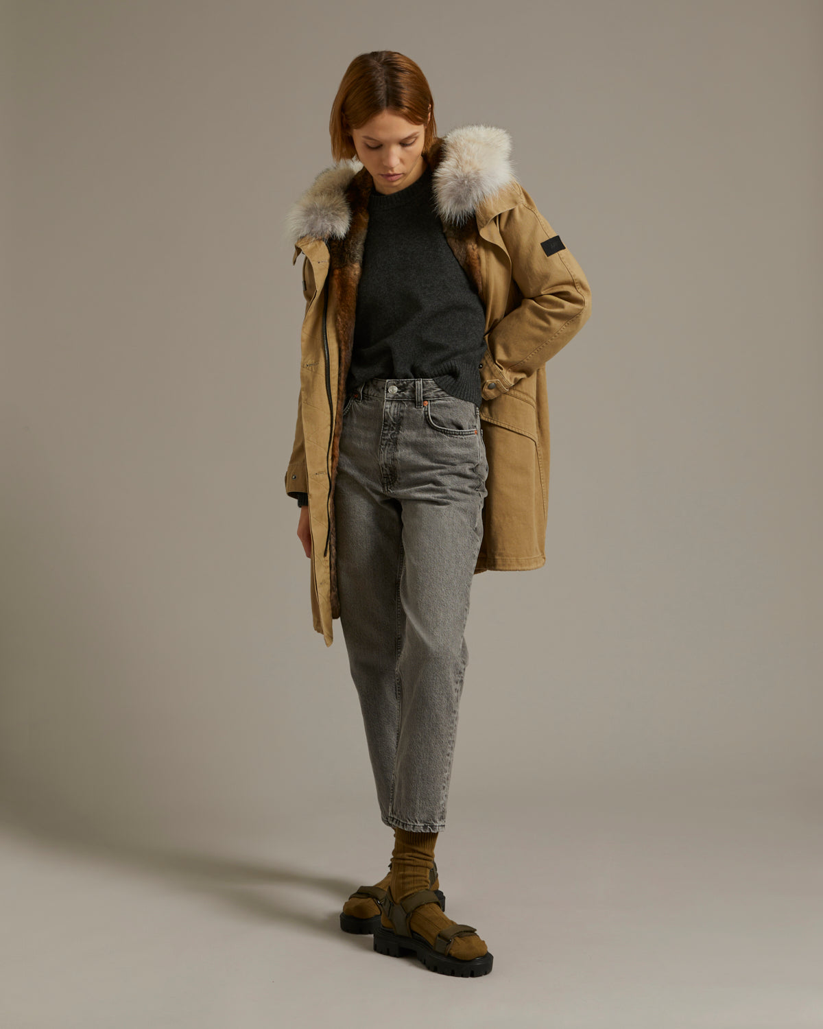 Long cotton gabardine parka with coyote and rabbit fur - camel - Yves Salomon