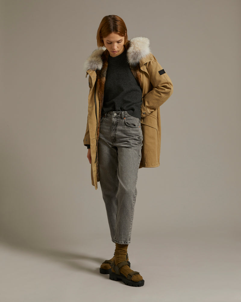 Long cotton gabardine parka with coyote and rabbit fur - camel