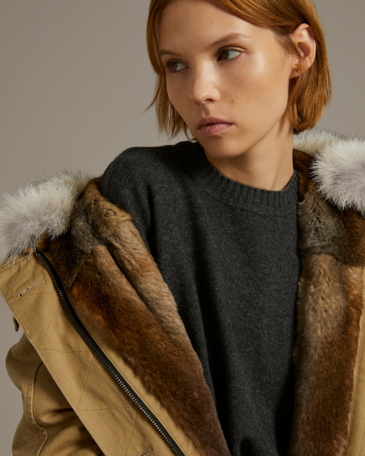 Long cotton gabardine parka with coyote and rabbit fur - camel - Yves Salomon