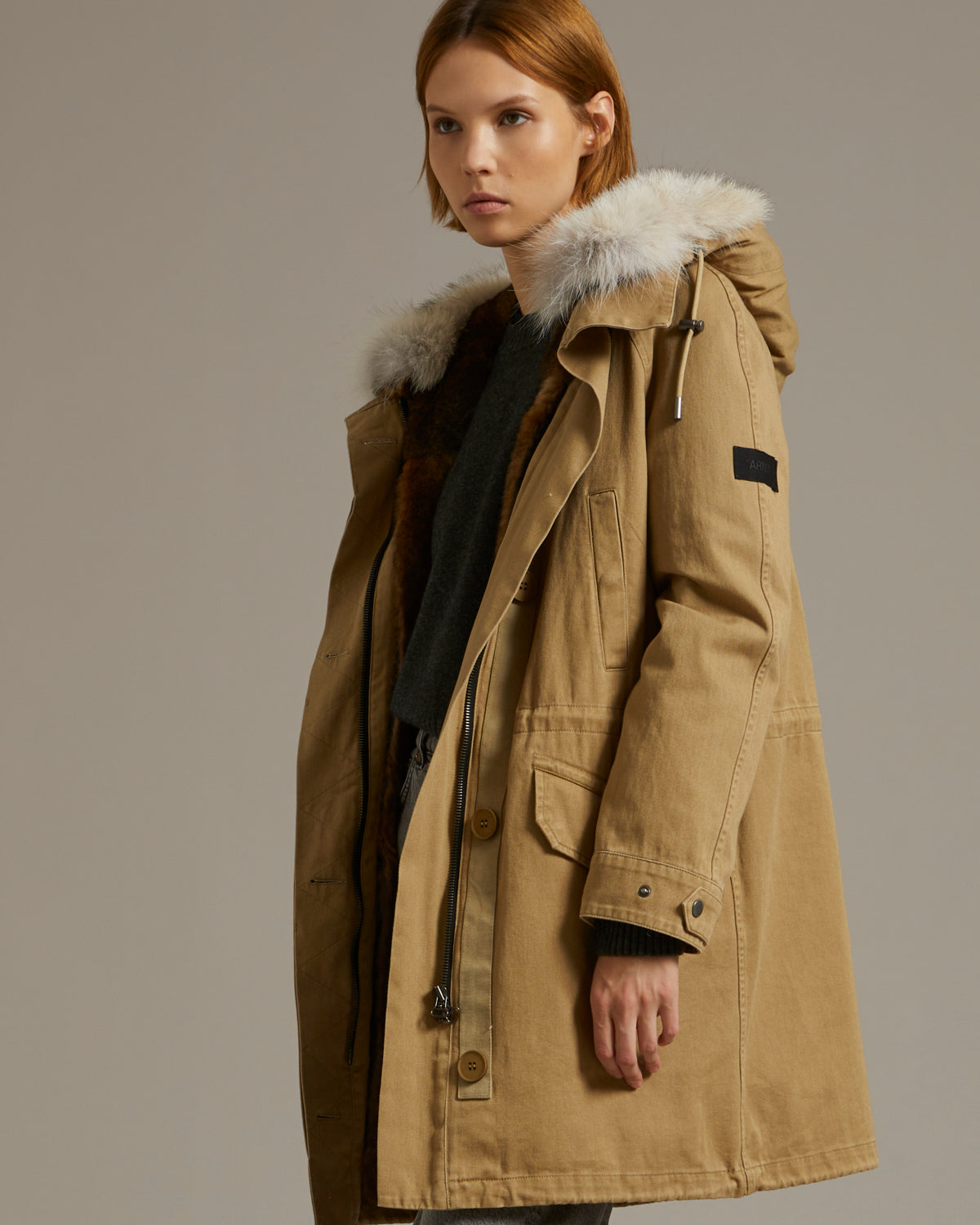 Long cotton gabardine parka with coyote and rabbit fur - camel - Yves Salomon