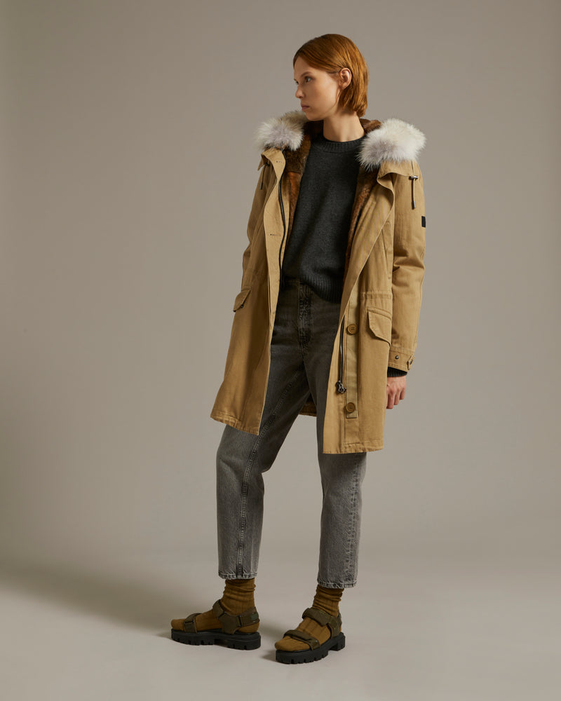 Long cotton gabardine parka with coyote and rabbit fur