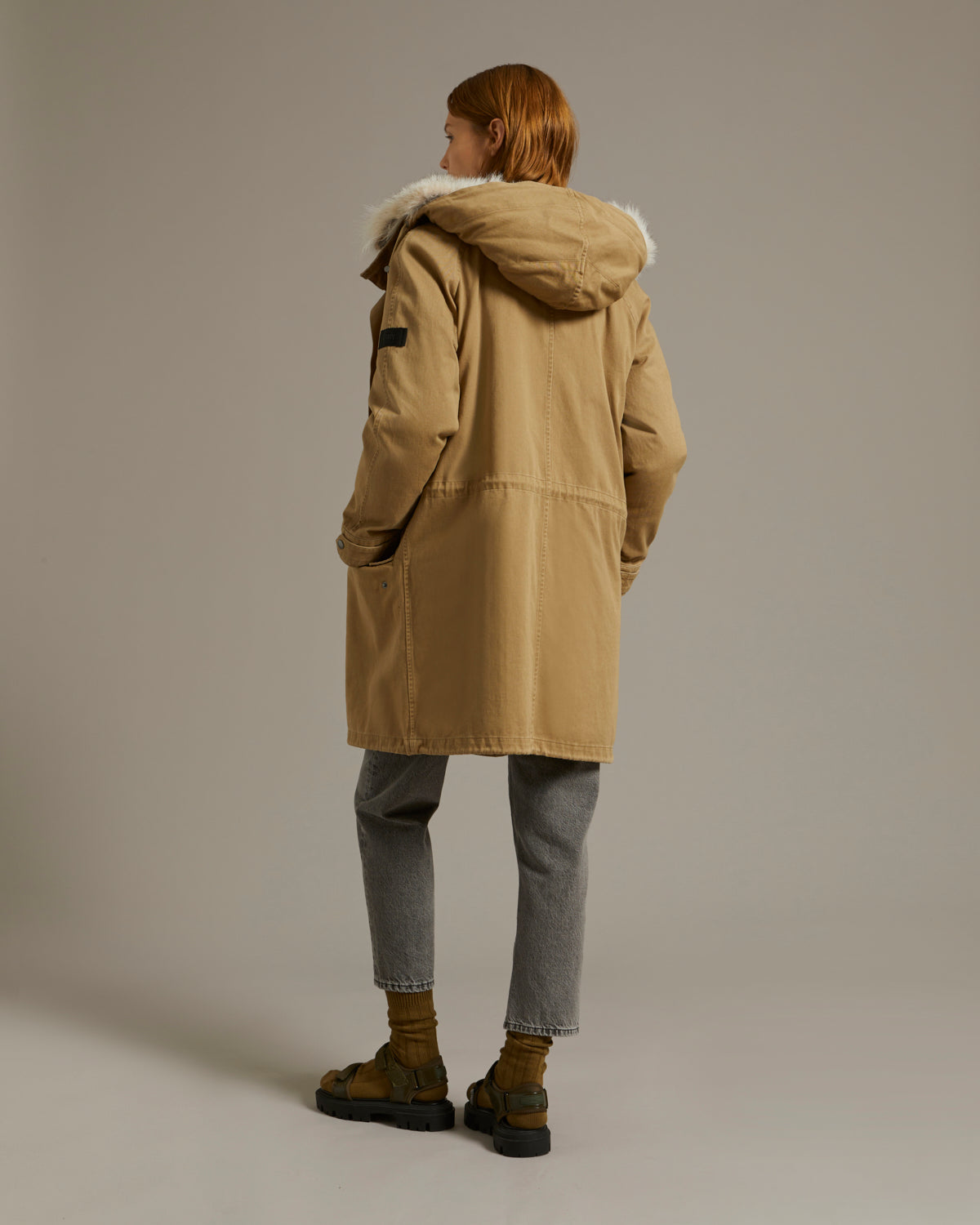 Long cotton gabardine parka with coyote and rabbit fur - camel - Yves Salomon