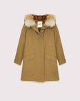 Long cotton gabardine parka with coyote and rabbit fur