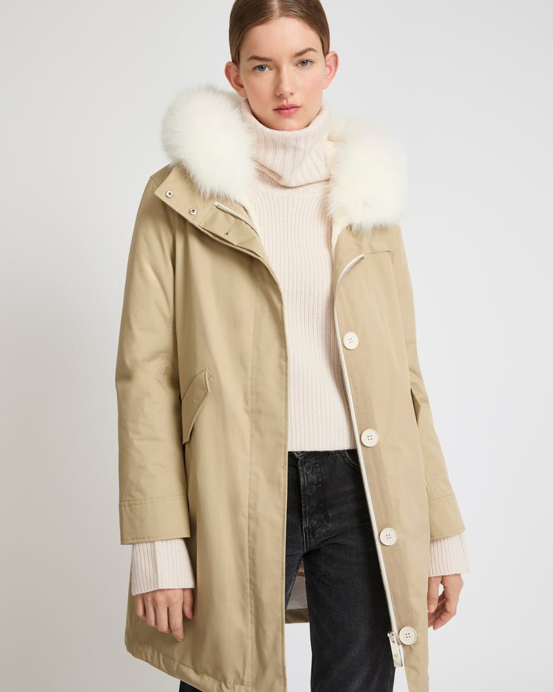 Regular parka in waterproof cotton blend with fox and rabbit fur - beige