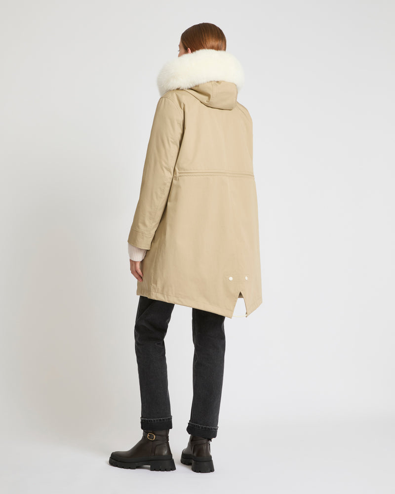 Regular parka in waterproof cotton blend with fox and rabbit fur - beige