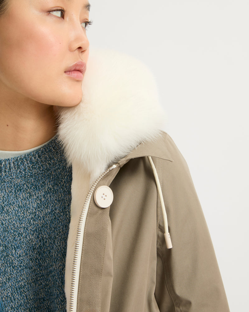 Regular parka in waterproof cotton blend with fox and rabbit fur - light beige - Yves Salomon