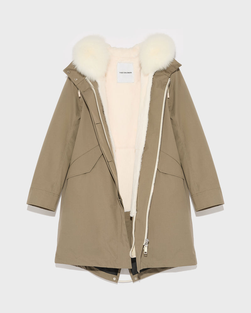 Regular parka in waterproof cotton blend with fox and rabbit fur - light beige - Yves Salomon