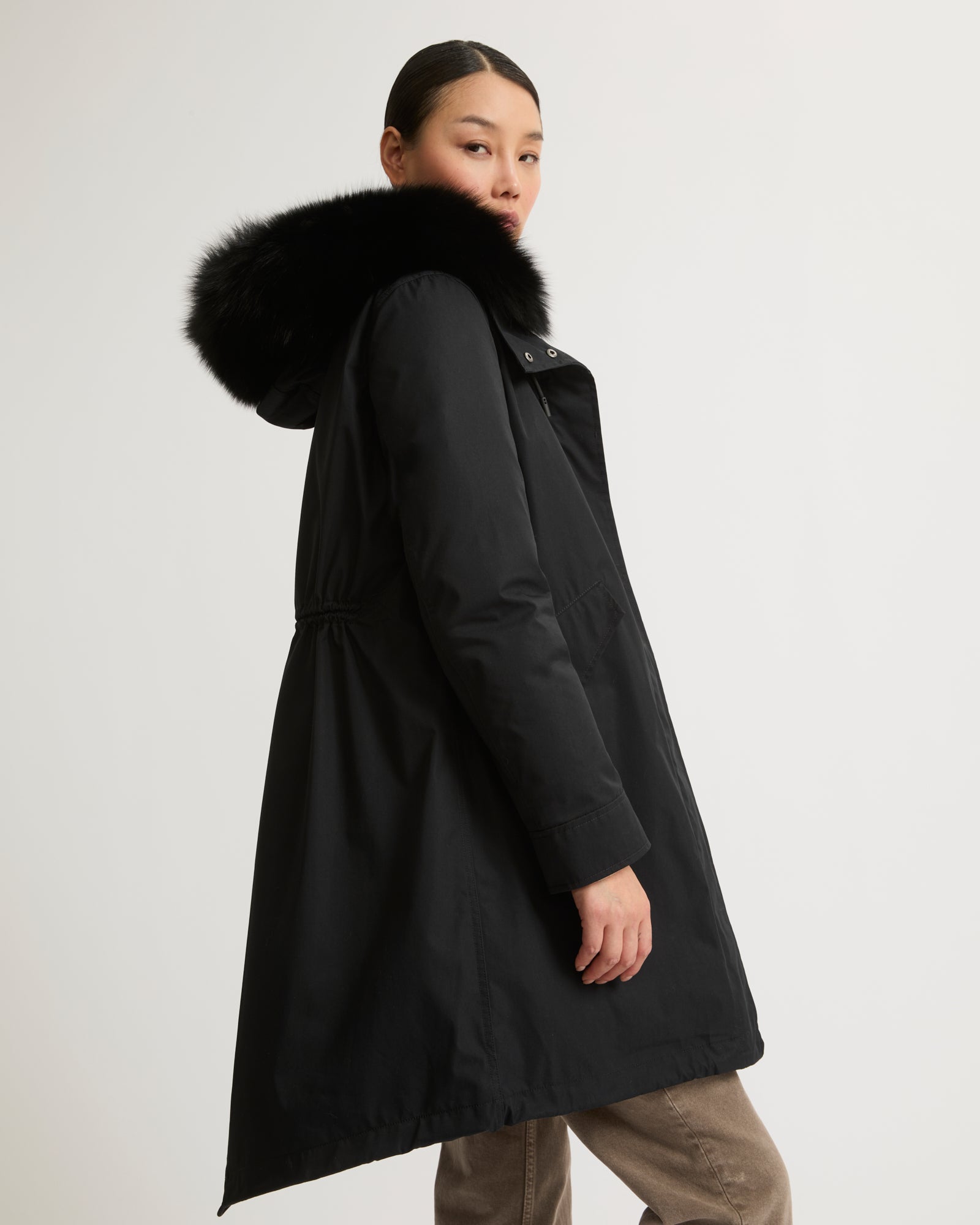 Regular parka in waterproof cotton blend with fox and rabbit fur