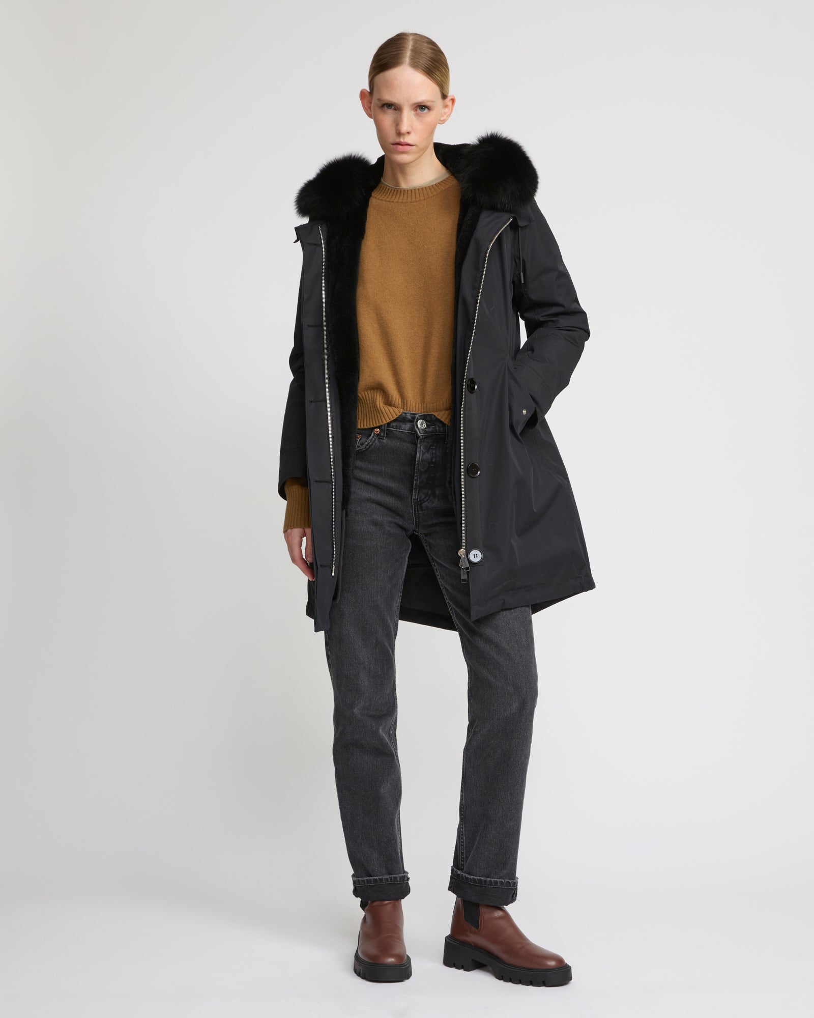 YVES SALOMON　ファージャケット　コヨーテ　ブラック　フランス製　46 Long iconic parka in cotton & fur - black - Yves Salomon Men