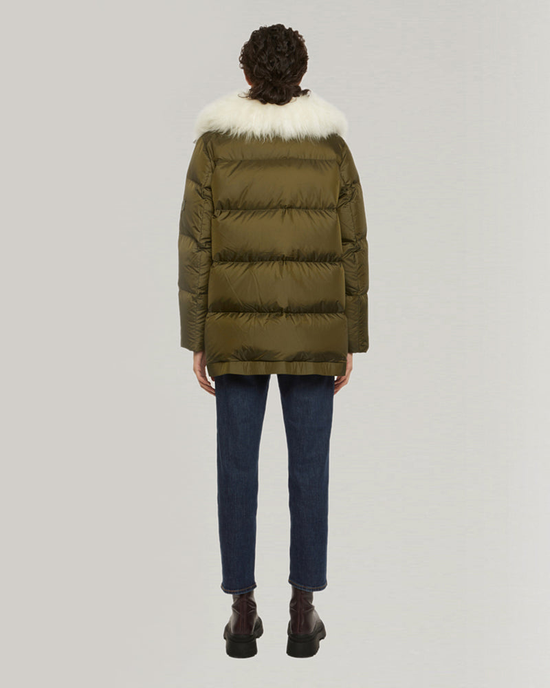 "A" line down jacket with lambskin collar in vaporous wool