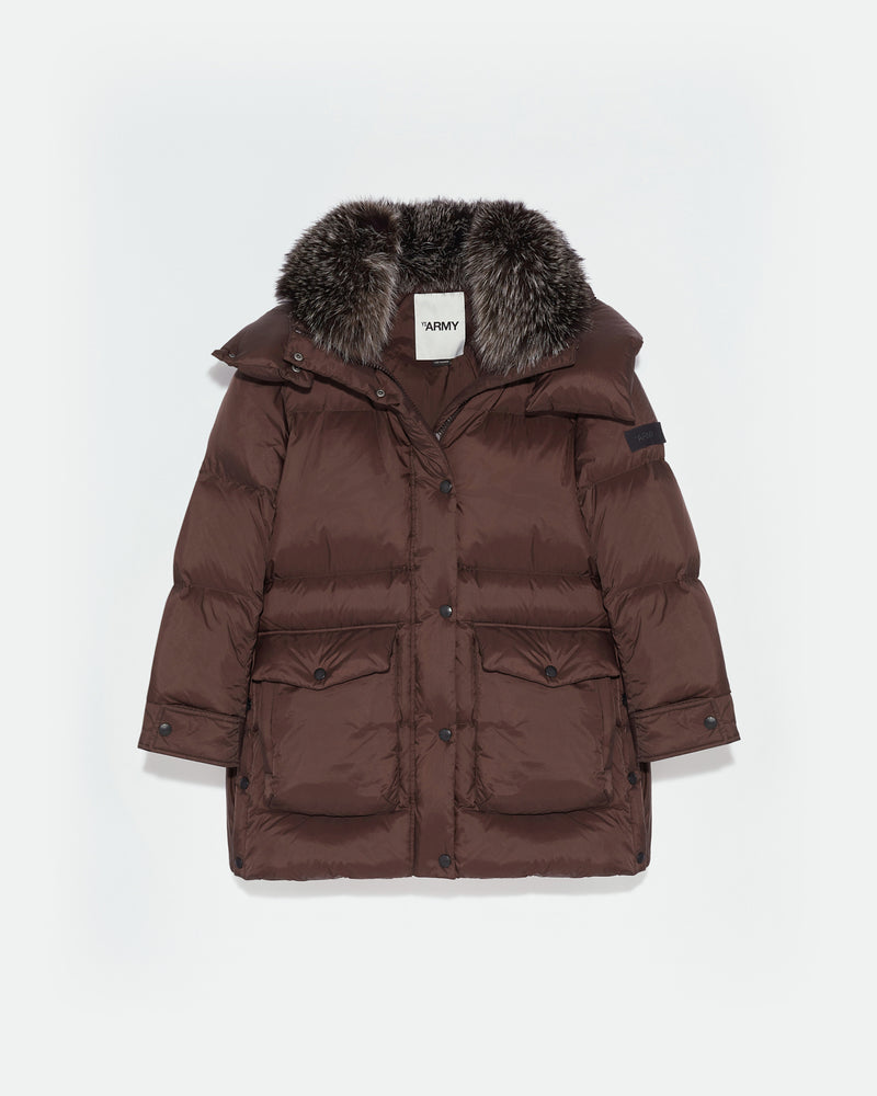 3/4 down jacket in water-repellent technical fabric with fox fur collar trim