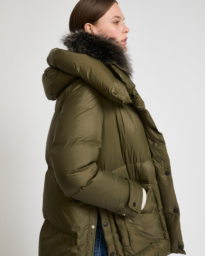 3/4 down jacket in water-repellent technical fabric with fox fur collar trim - khaki green - Yves Salomon