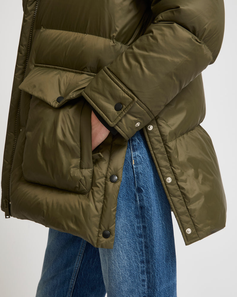 3/4 down jacket in water-repellent technical fabric with fox fur collar trim - khaki green - Yves Salomon