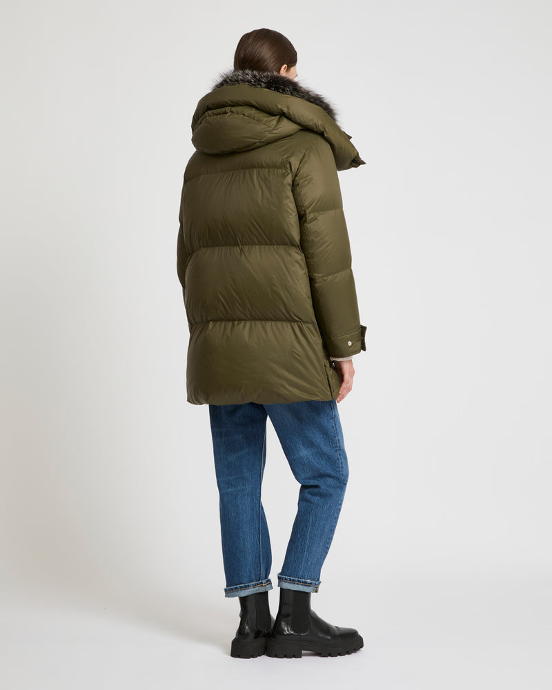 3/4 down jacket in water-repellent technical fabric with fox fur collar trim - khaki - Yves Salomon