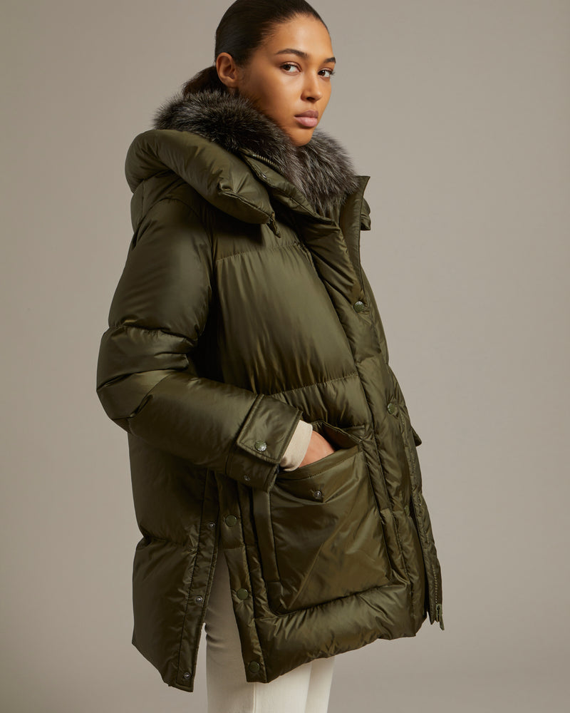 3/4 down jacket in water-repellent technical fabric with fox fur collar trim - khaki - Yves Salomon