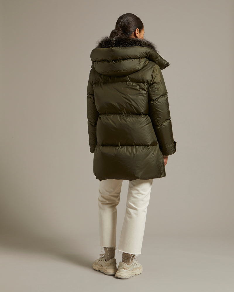 3/4 down jacket in water-repellent technical fabric with fox fur collar trim - khaki - Yves Salomon