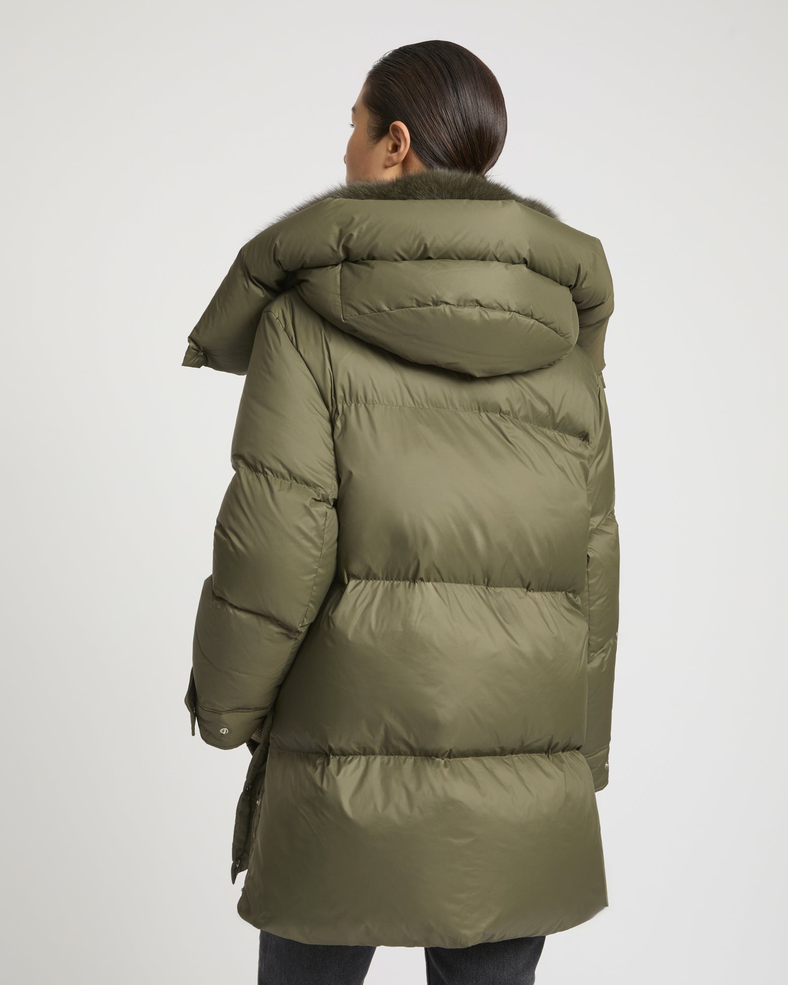 3/4 down jacket in water-repellent technical fabric with fox fur collar trim -Yves Salomon