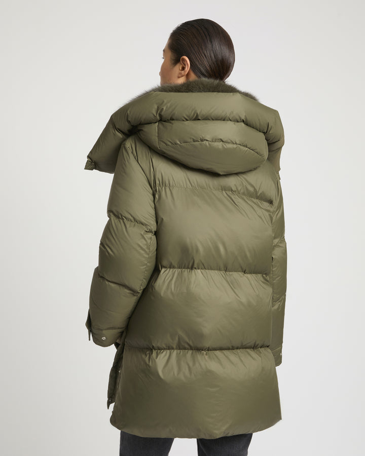 3/4 down jacket in water-repellent technical fabric with fox fur collar trim -Yves Salomon