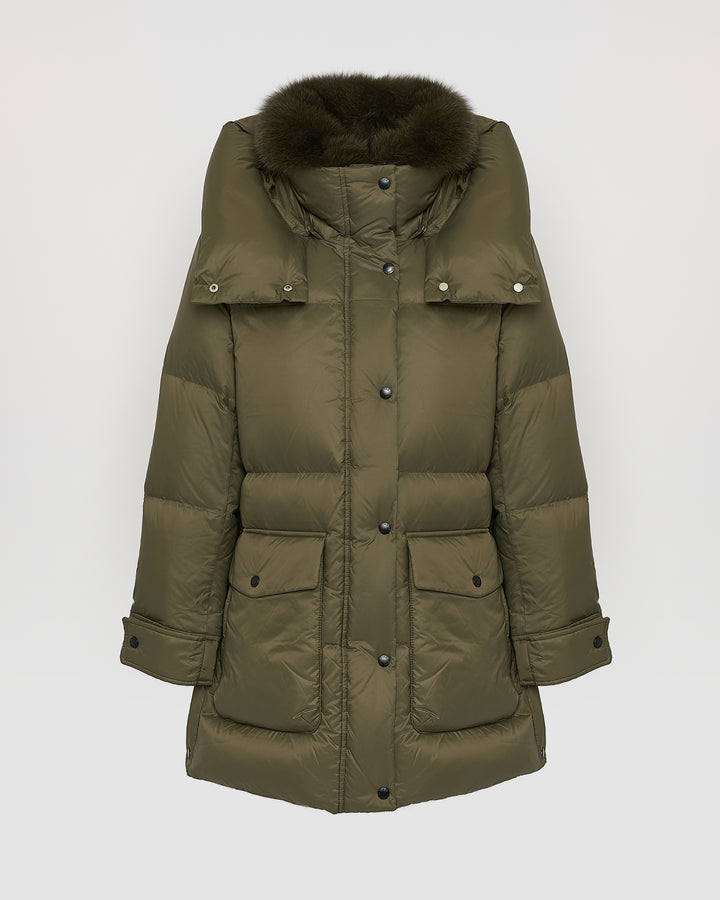 3/4 down jacket in water-repellent technical fabric with fox fur collar trim - Yves Salomon