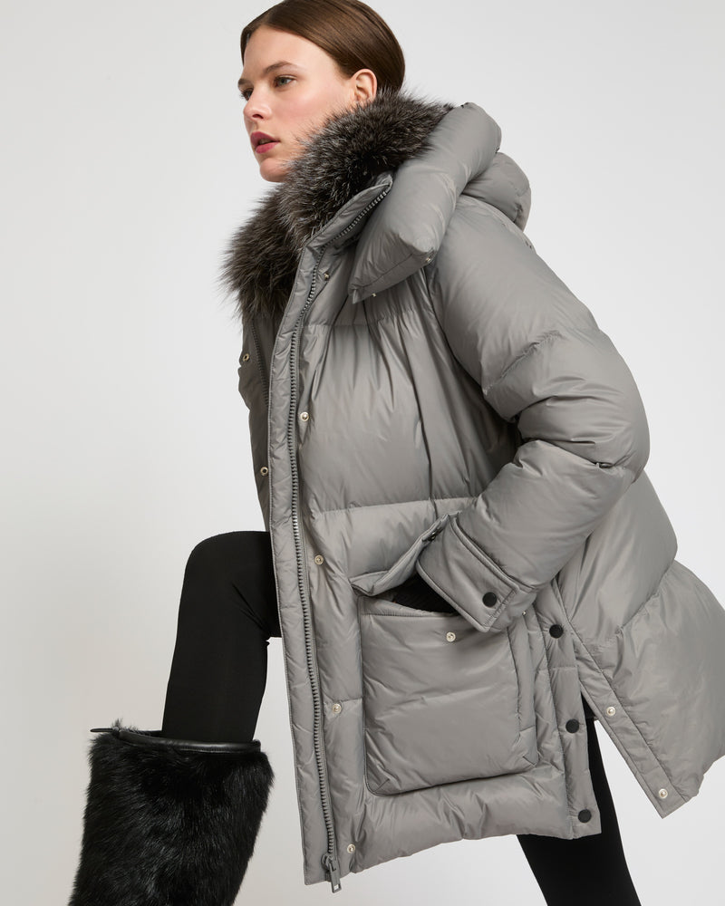 3/4 down jacket in water-repellent technical fabric with fox fur collar trim - grey - Yves Salomon