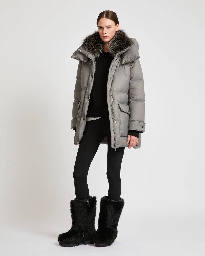 3/4 down jacket in water-repellent technical fabric with fox fur collar trim - grey - Yves Salomon