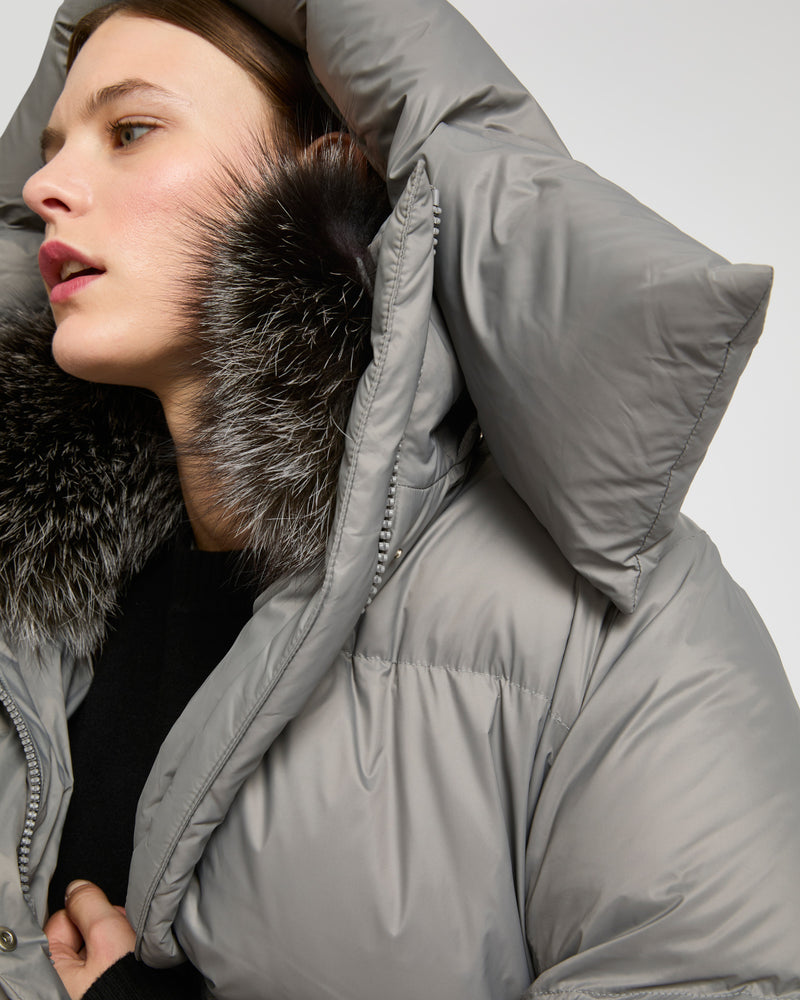 3/4 down jacket in water-repellent technical fabric with fox fur collar trim - grey - Yves Salomon