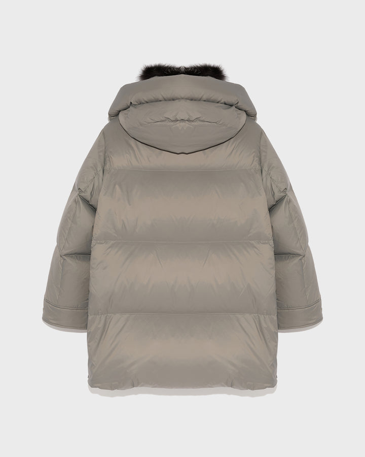 3/4 down jacket in water-repellent technical fabric with fox fur collar trim - grey - Yves Salomon
