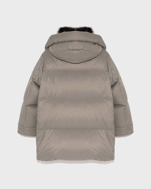 3/4 down jacket in water-repellent technical fabric with fox fur collar trim - grey - Yves Salomon