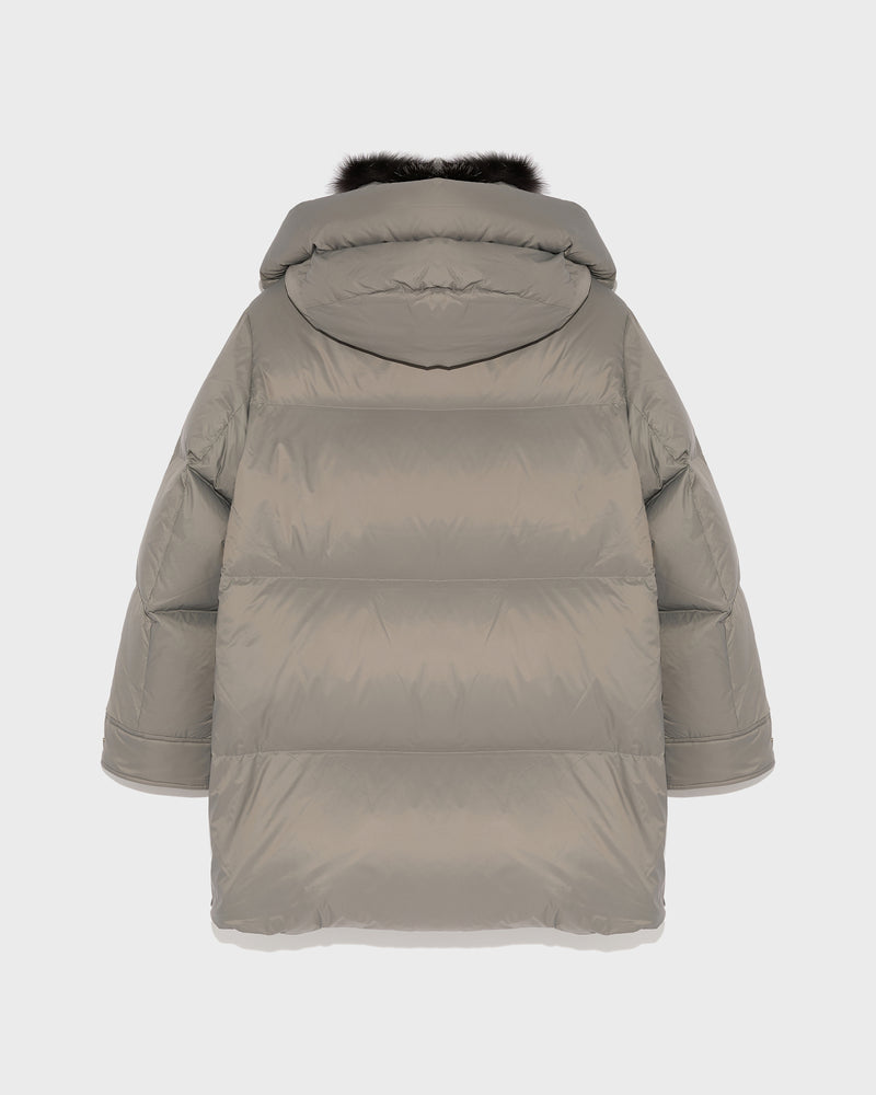 3/4 down jacket in water-repellent technical fabric with fox fur collar trim - grey - Yves Salomon