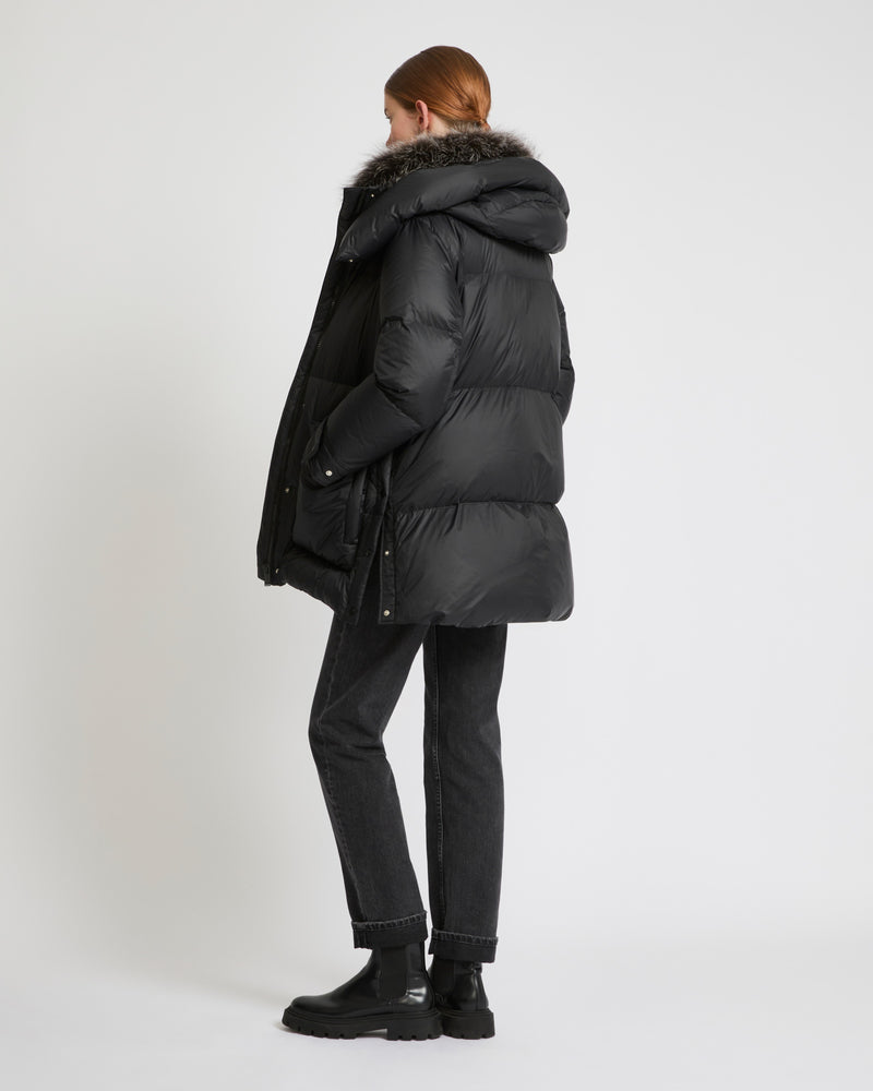 3/4 down jacket in water-repellent technical fabric with fox fur collar trim - black - Yves Salomon