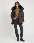 3/4 down jacket in water-repellent technical fabric with fox fur collar trim