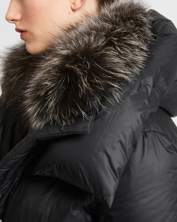 3/4 down jacket in water-repellent technical fabric with fox fur collar trim